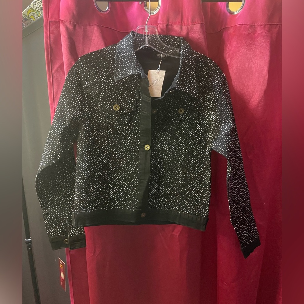 Women’s Black denim rhinestone jacket new #80 - Picture 3 of 5